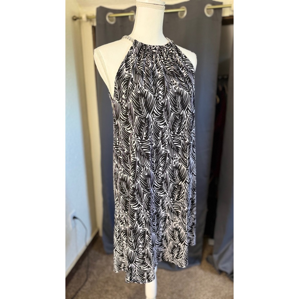 Michael Kors Womens Small‎ Black White Palm Print Chain Halter Shift Dress